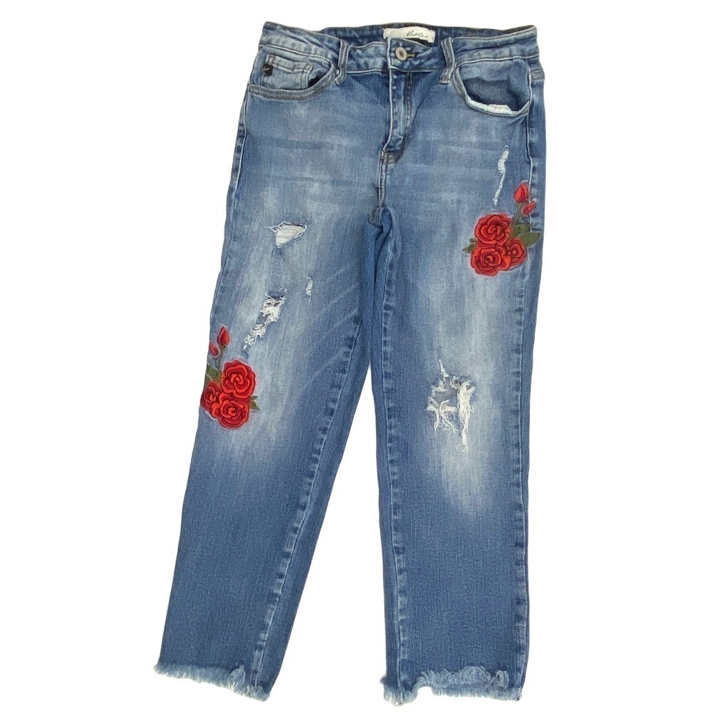 KanCan Cropped‎ Distressed Raw Hem Flowers Women's size 5 Blue Denim Jeans